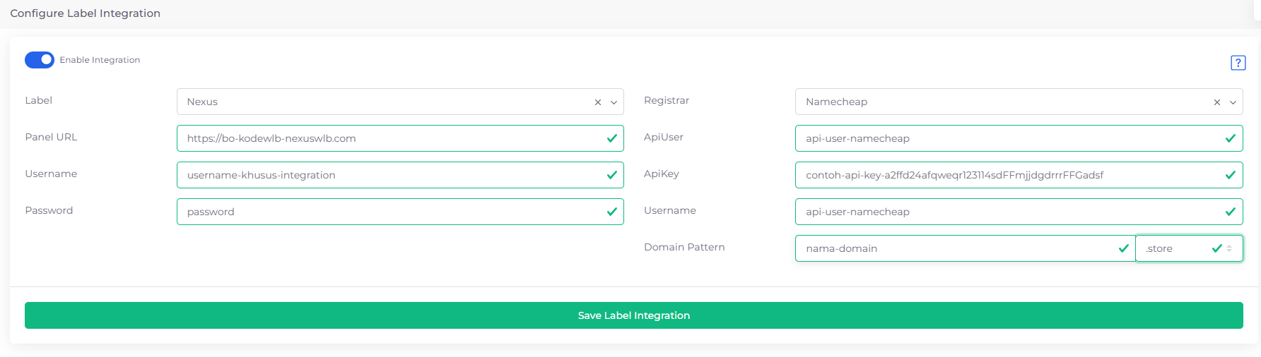 Konfigurasi integrasi whitelabel telah berhasil disimpan dan aktif