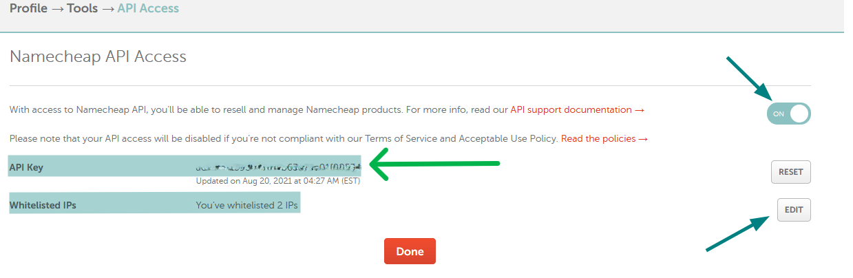 Halaman API Access Namecheap dengan toggle ON
