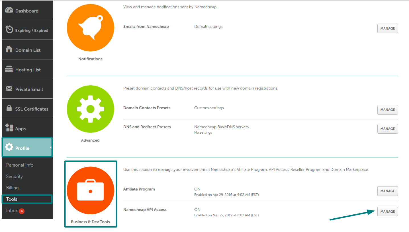 Menu Namecheap menunjukkan akses ke Business & Dev Tools