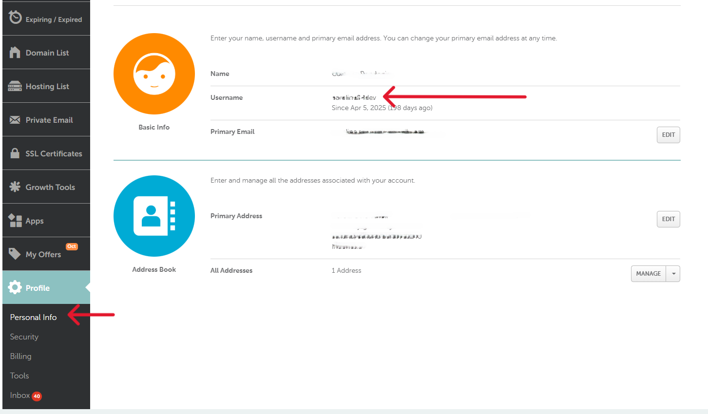Halaman Personal Info Namecheap menampilkan username akun