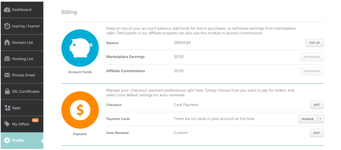 Halaman Billing Namecheap untuk mengatur saldo dan metode pembayaran