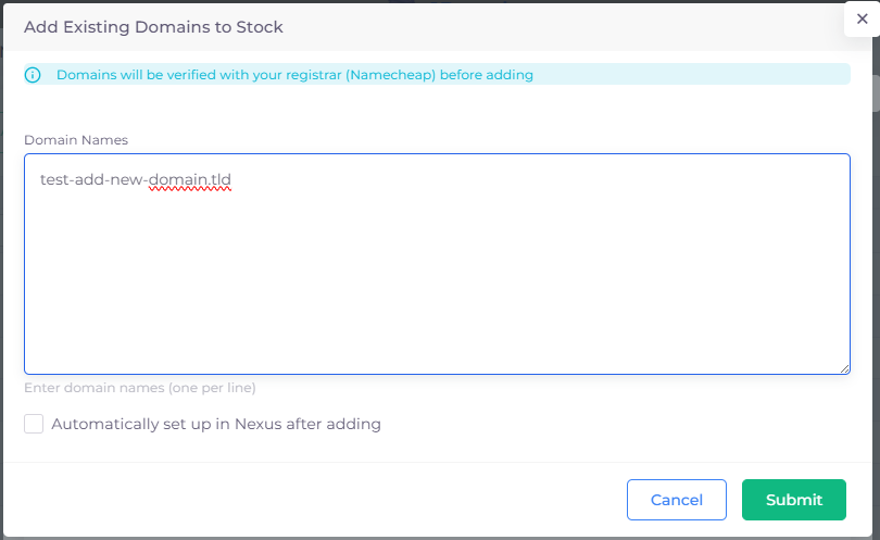 Form penambahan domain stock dengan field input nama domain