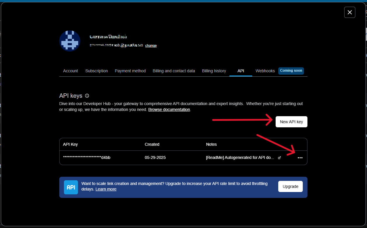 Halaman API Settings dengan daftar API keys dan tombol Create