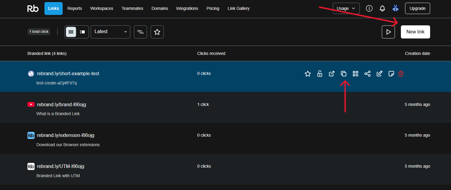 Form pembuatan link baru di Rebrandly dengan short URL yang dihasilkan