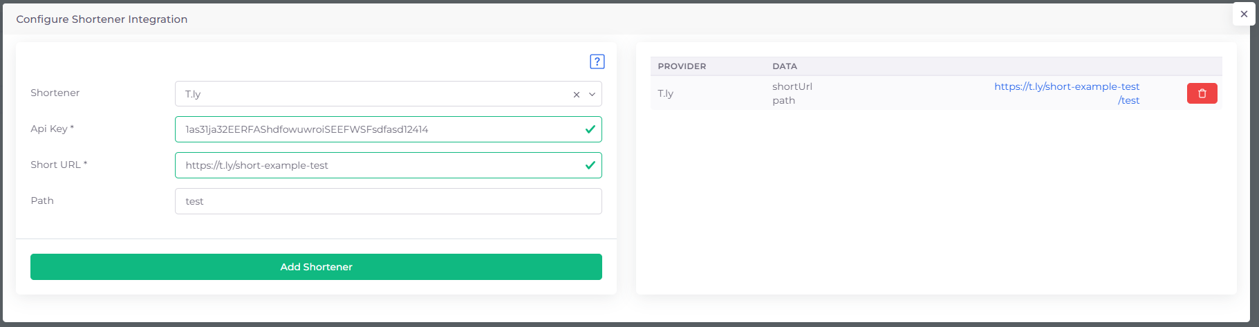 Form konfigurasi integrasi T.ly di Plumm dengan semua field terisi