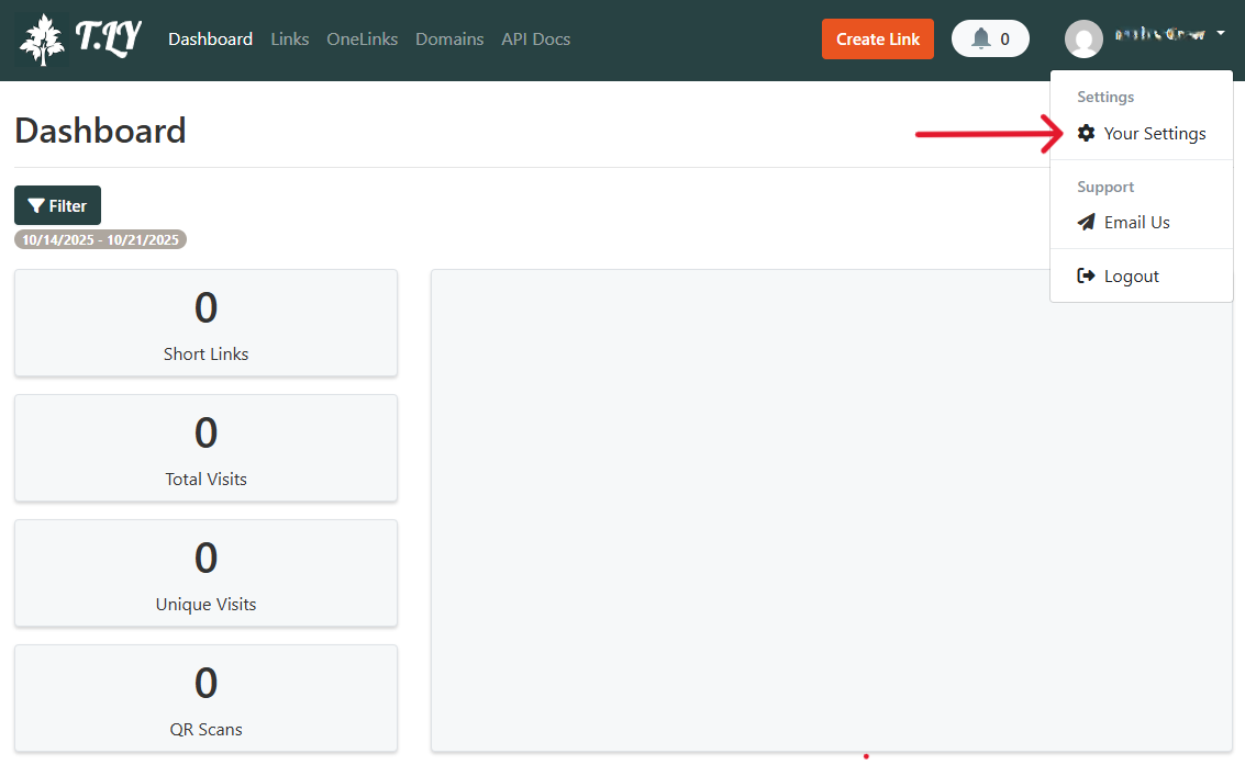 Halaman Dashboard T.ly dengan menu Your Settings