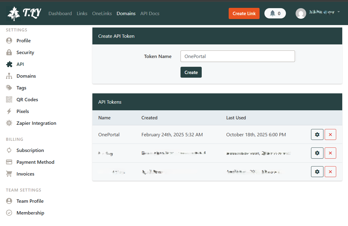 Form pembuatan token API baru di T.ly untuk integrasi 1Portal