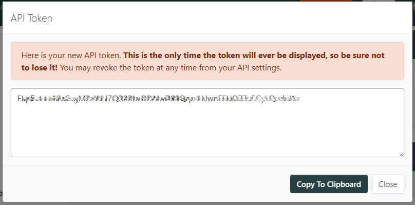 Token API T.ly yang baru dibuat dengan tombol copy to clipboard